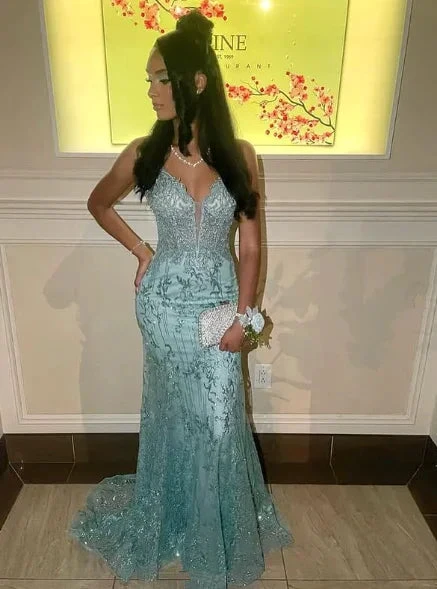 Charming Spaghetti Straps Lace Appliques Evening Dress Mermaid Prom Dress Y7921