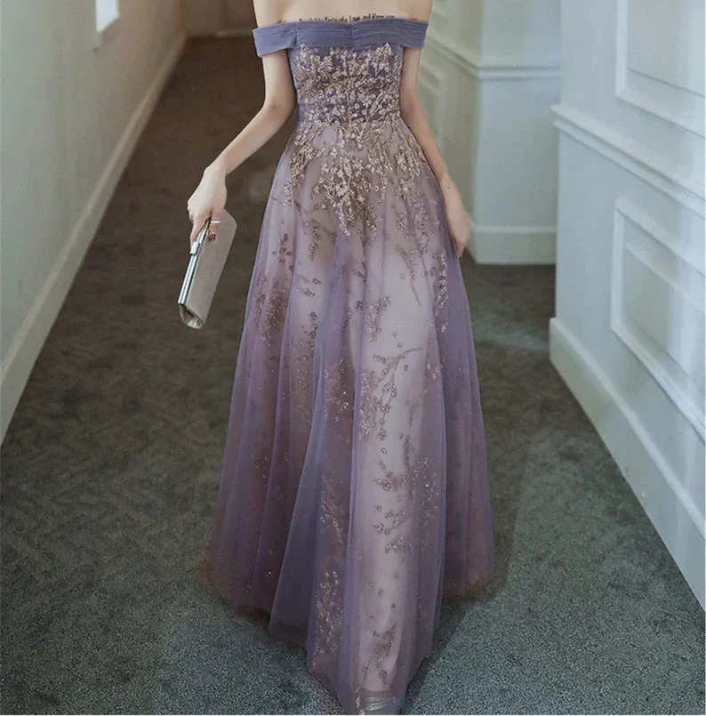 Dreamy Purple Prom Dress off Shoulder Evening Dress Elegant Long Banquet Dress Sleeveless Party Dress Girl Graduation Dress Y4286