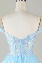 Sparkly Blue Corset Tiered Lace A-Line Short Homecoming Dress Y4083