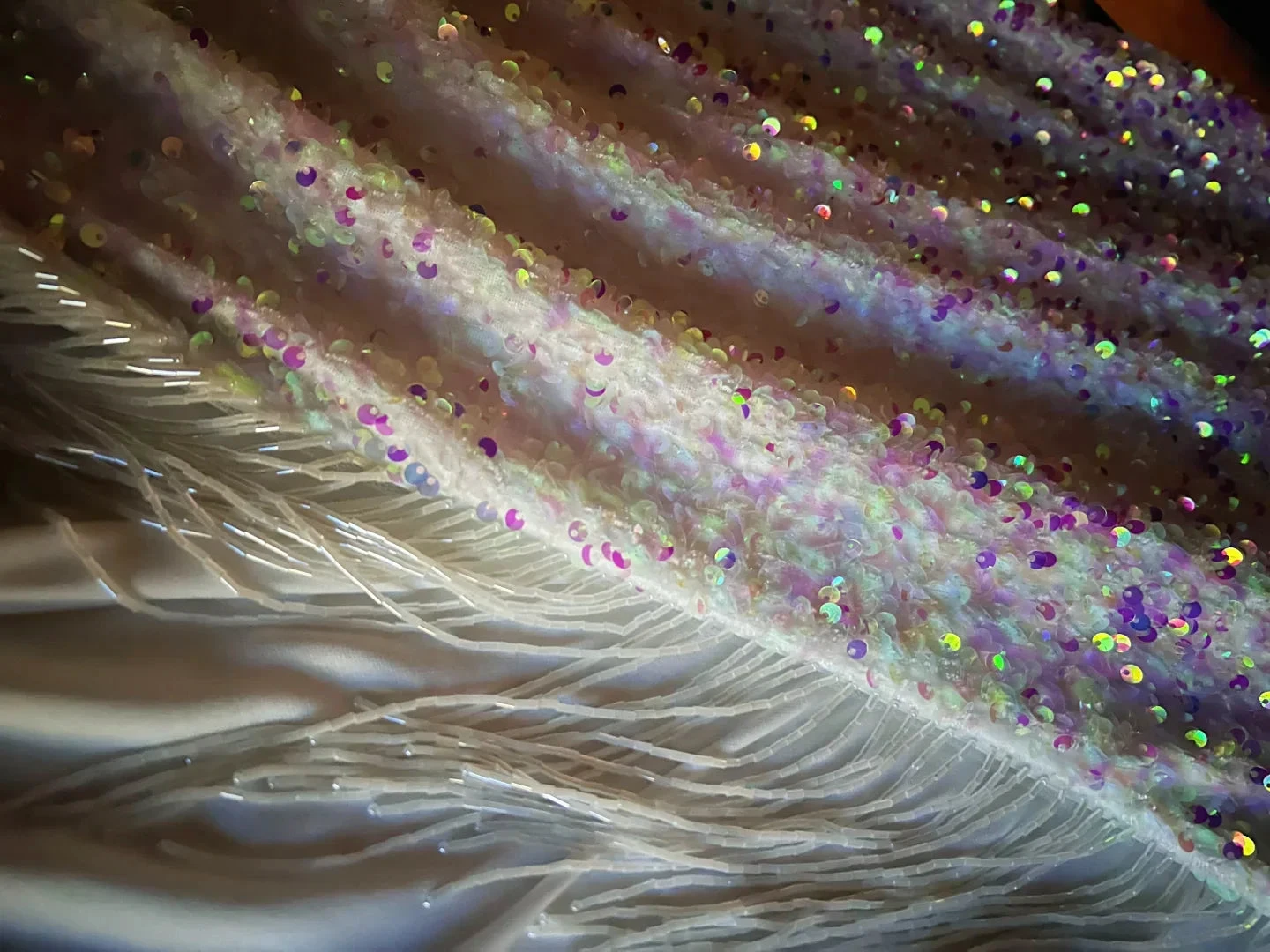 Sparkly White Spaghetti Straps Sequins Prom Dress Mermaid Slit Tassel Evening Dress Y8648