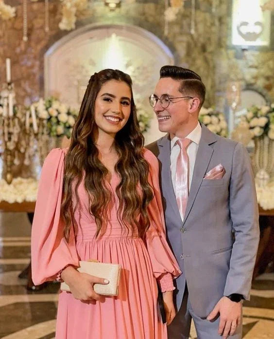 V Neck Long Sleeve Bridesmaid Dress A Line Formal Prom Dresses Evening Gowns Y7215