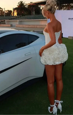 Cute White Strapless Pleated Rose Cocktail Dress Satin Bodycon Mini Homecoming Dress Y8282