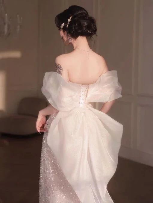 Pink A-Line Off-Shoulder Tulle Sequins Beaded Long Prom Dress Formal Evening Dress Y8050