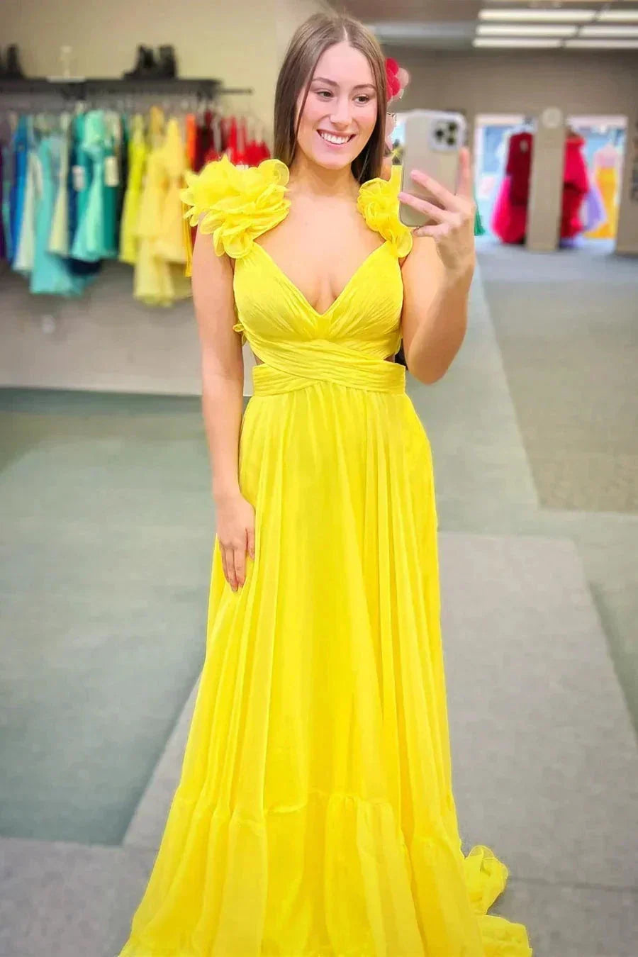 Lace-Up V-Neck Ruffle Pleated Long Prom Dress SYP180