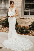 Lace Deep V-neck Bohemian Wedding Dress Mermaid Bridal Gown WD748