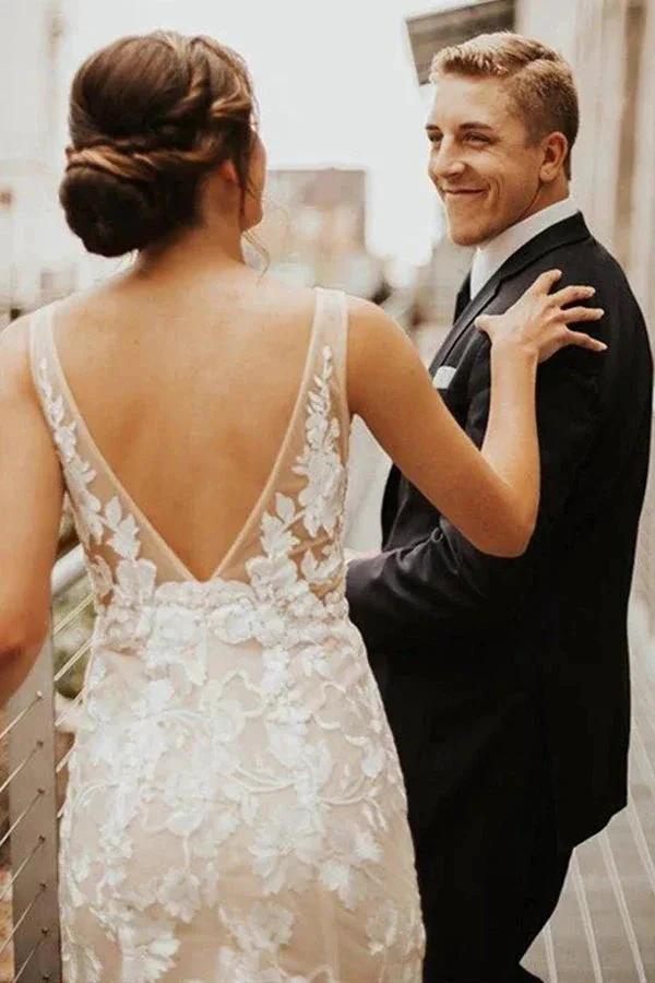 Lace Deep V-neck Bohemian Wedding Dress Mermaid Bridal Gown WD748
