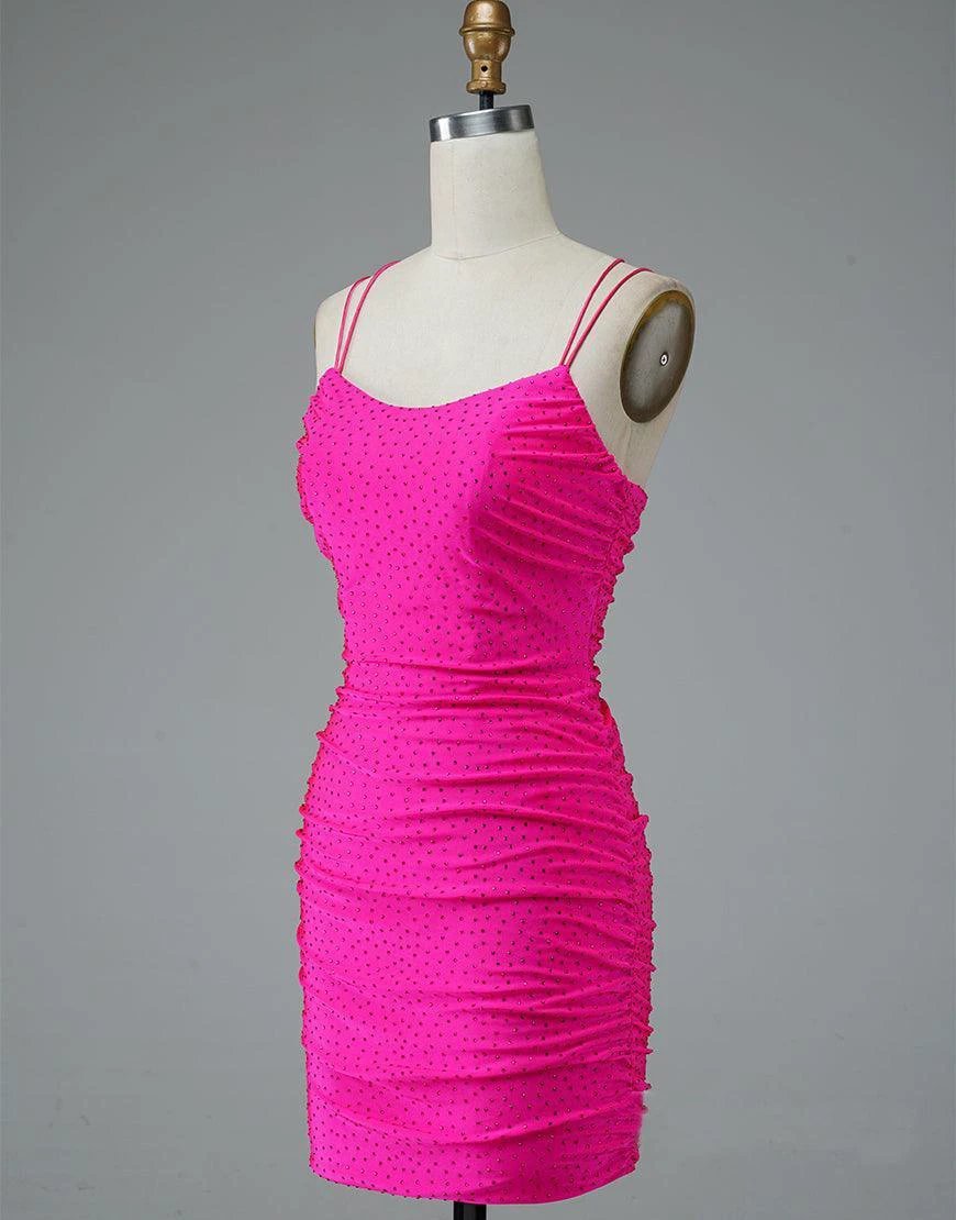 Lace Up Spaghetti Straps Short Homecoming Dress Hot Pink Party Dress PD437