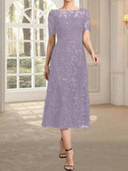 A-line Scoop Illusion Tea-Length Lace Mother of the Bride Dress With Sequins
