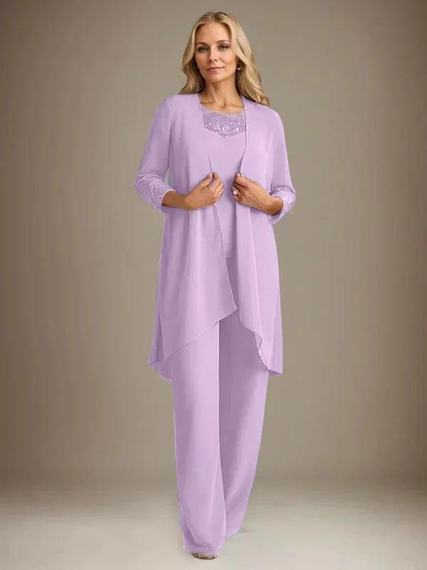 Chiffon Scoop Long Sleeves Mother Of The Bride Pantsuits With Jacket