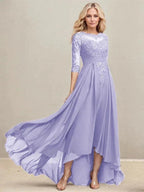 A-line Scoop Illusion Asymmetrical Lace Chiffon Mother of the Bride Dress With Pleated Sequins