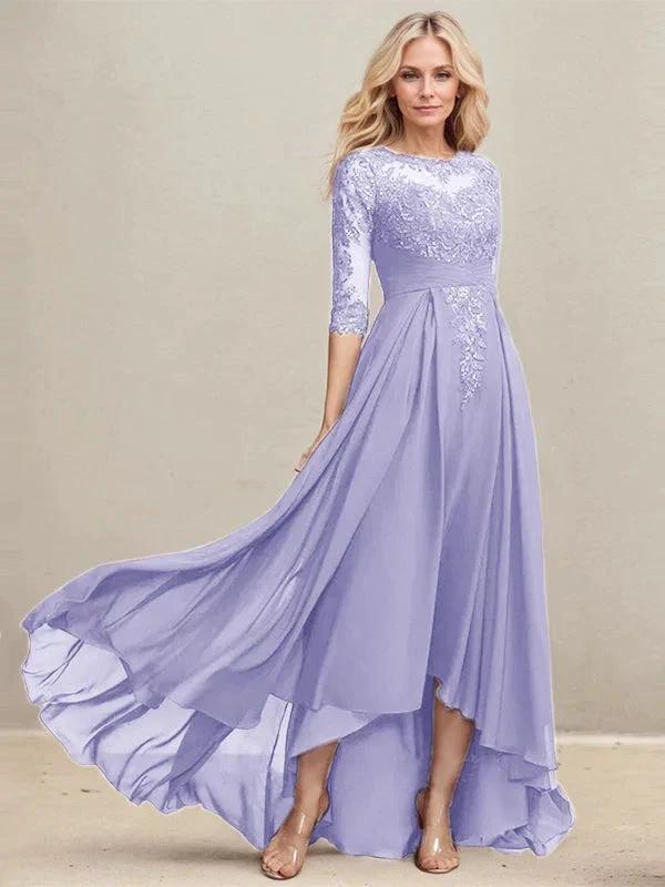 A-line Scoop Illusion Asymmetrical Lace Chiffon Mother of the Bride Dress With Pleated Sequins