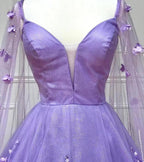 Lavender 3D Floral Lace A Line Sleeves Long Prom Dresses  PSK446