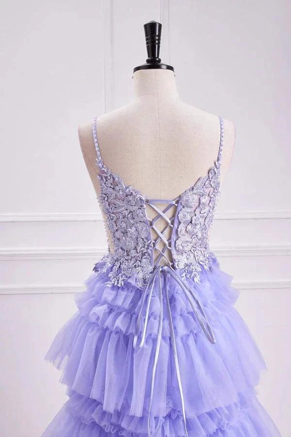 Lavender Plunging V Neck Floral Layers A-line Long Prom Dress PSK558
