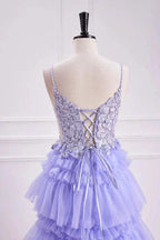Lavender Plunging V Neck Floral Layers A-line Long Prom Dress PSK558