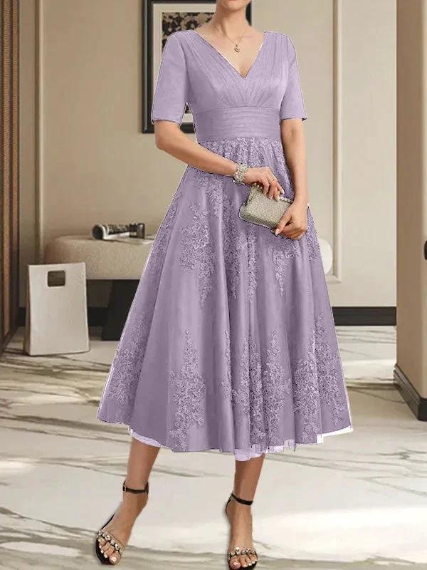 A-line V-Neck Tea-Length Tulle Lace Mother of the Bride Dress With Pleated