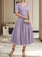 A-line V-Neck Tea-Length Tulle Lace Mother of the Bride Dress With Pleated