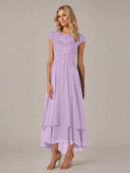 A-line Boat Neck Illusion Asymmetrical Chiffon Lace Mother of the Bride Dress With Applique Pleats