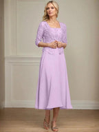 A-line Square Tea-Length Chiffon Lace Mother of the Bride Dress With Sequins Beading