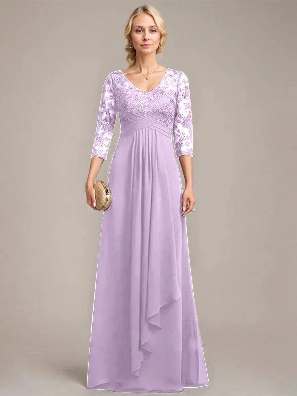 A-line V-Neck Floor-Length Lace Chiffon Mother of the Bride Dress With Cascading Ruffles Sequins