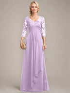 A-line V-Neck Floor-Length Lace Chiffon Mother of the Bride Dress With Cascading Ruffles Sequins