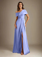 A-Line Asymmetrical Neckline Floor-Length Satin Mother of the Bride Dress With Pleated