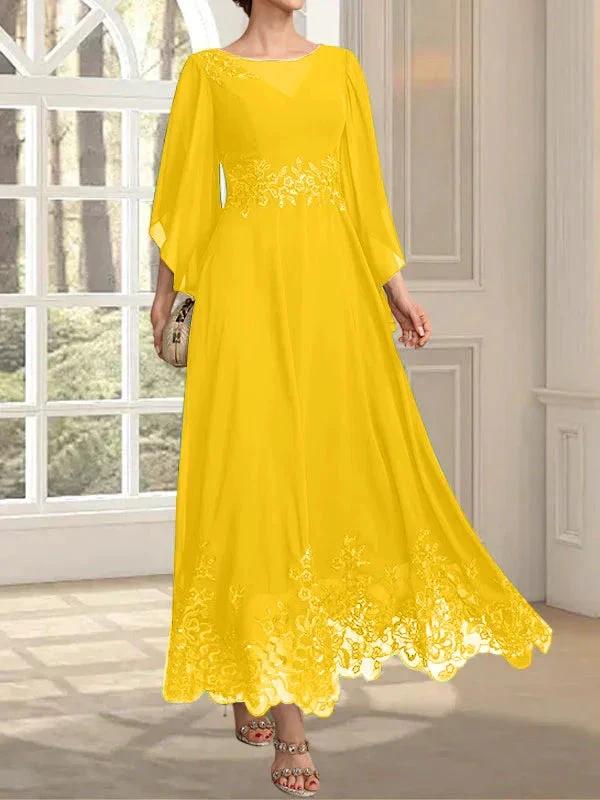 A-line Scoop Illusion Ankle-Length Lace Chiffon Mother of the Bride Dress With Sequins