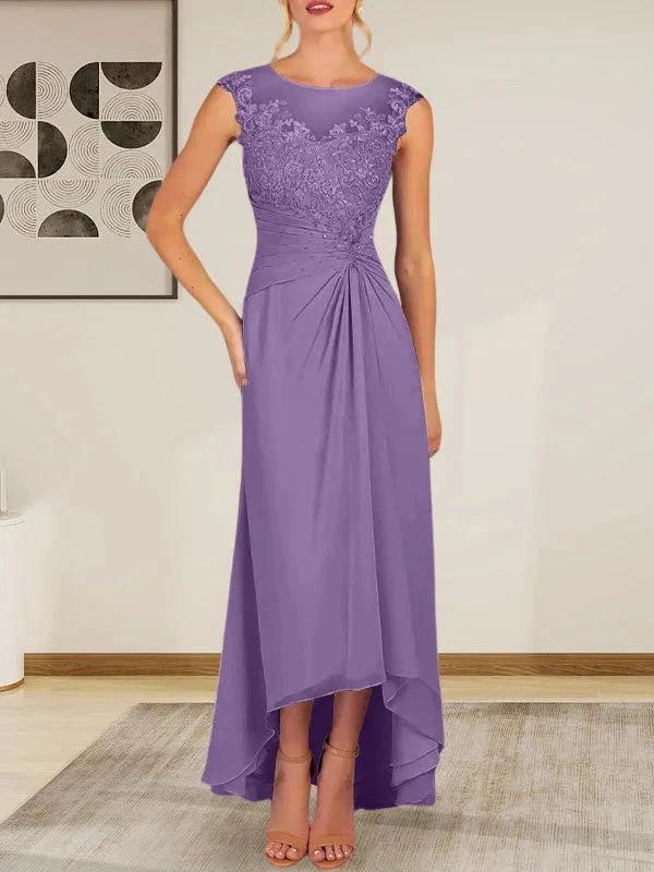 Champagne A-Line Scoop Lace Chiffon Dress