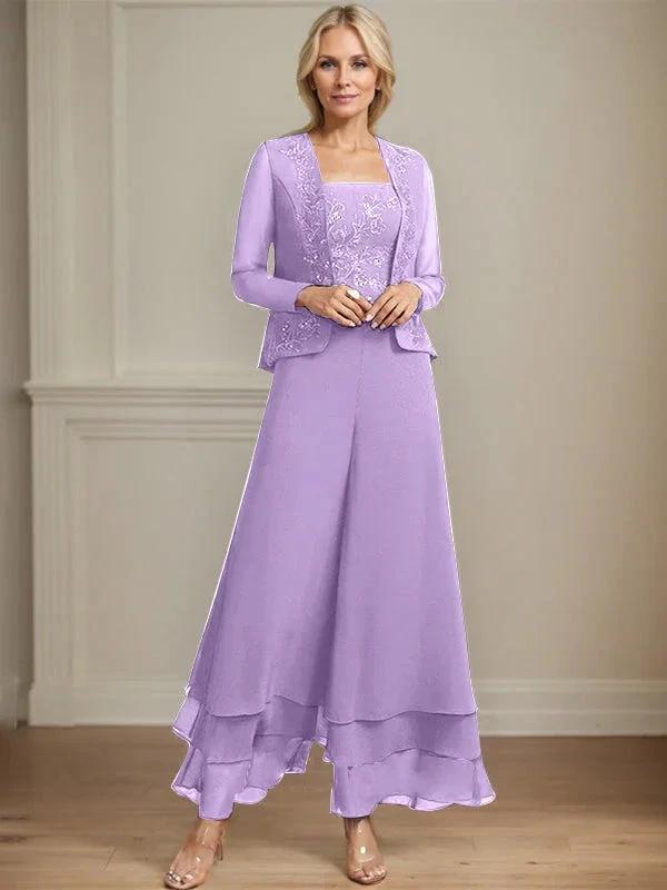 Separates Jumpsuit/Pantsuit Square Ankle-Length Lace Chiffon Mother of the Bride Dress With Sequins