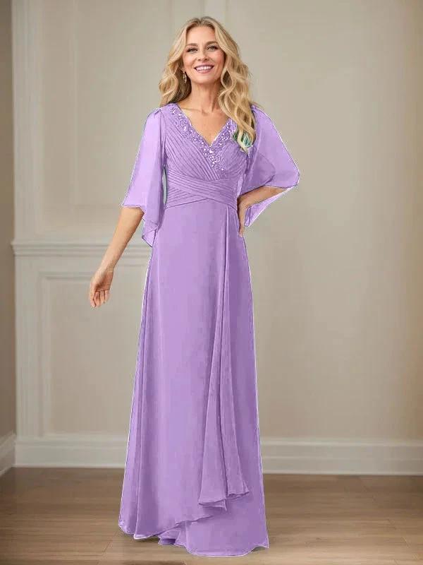 A-Line V-Neck Long Sequins Chiffon Mother Dress