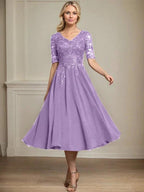A-line V-Neck Tea-Length Lace Chiffon Mother of the Bride Dress With Sequins