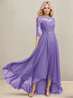 A-line Scoop Illusion Asymmetrical Lace Chiffon Mother of the Bride Dress With Pleated Sequins