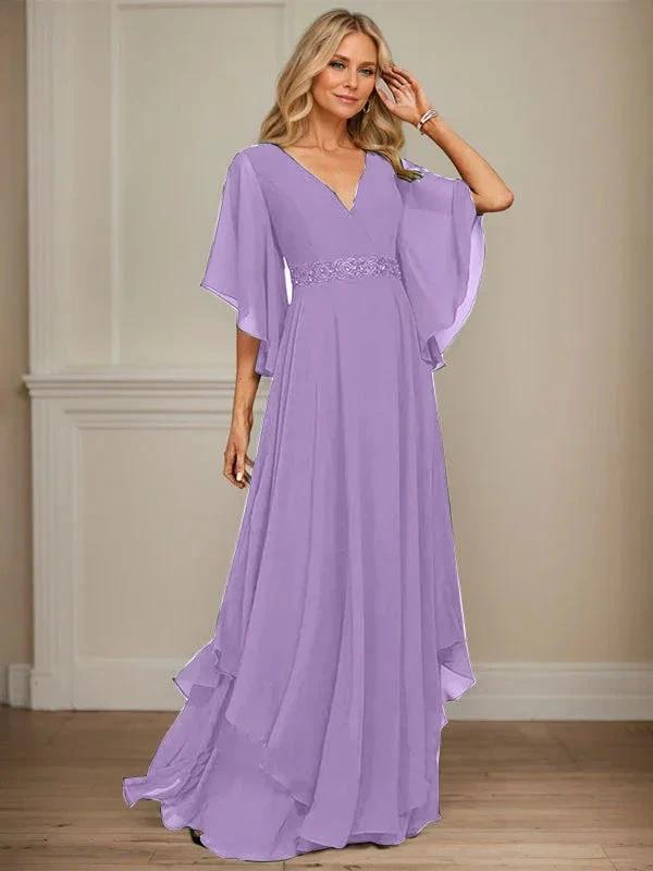 A-line V-Neck Floor-Length Chiffon Mother of the Bride Dress With Sequins Appliques Lace Beading