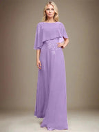 A-line Scoop Floor-Length Chiffon Lace Mother of the Bride Dress With Sequins Beading
