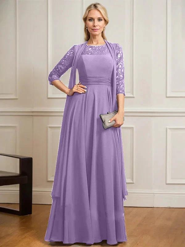 A-line Scoop Illusion Floor-Length Lace Chiffon Mother of the Bride Dress With Pleated
