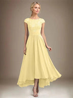 A-line Scoop Illusion Asymmetrical Lace Chiffon Mother of the Bride Dress With Pleated