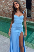 Light Blue Corset Mermaid Long Prom Dress with Slit PSK522