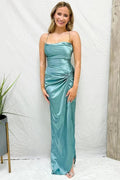 Light Blue Cowl Neck Twist Knot Pleated Long Prom Dress with Slit PSK430