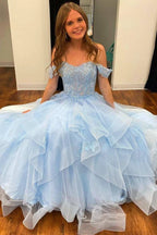 Light Blue Tulle Off-the-Shoulder Tiered A-Line Prom Evening Dress PSK400