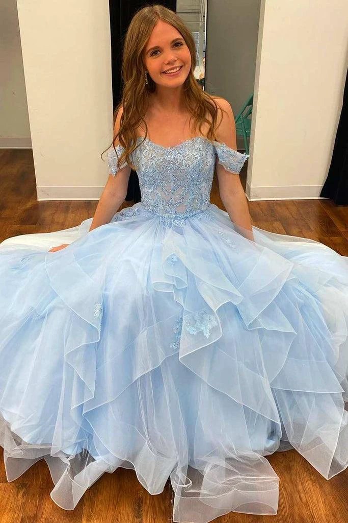 Light Blue Tulle Off-the-Shoulder Tiered A-Line Prom Evening Dress PSK400