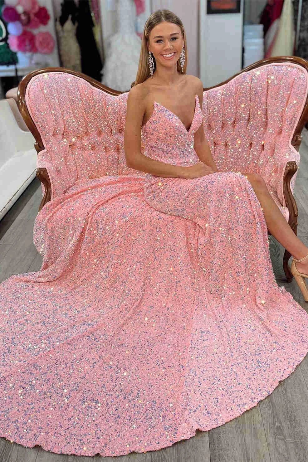 Light Blue Sequin Prom Dress With Slit SYP151