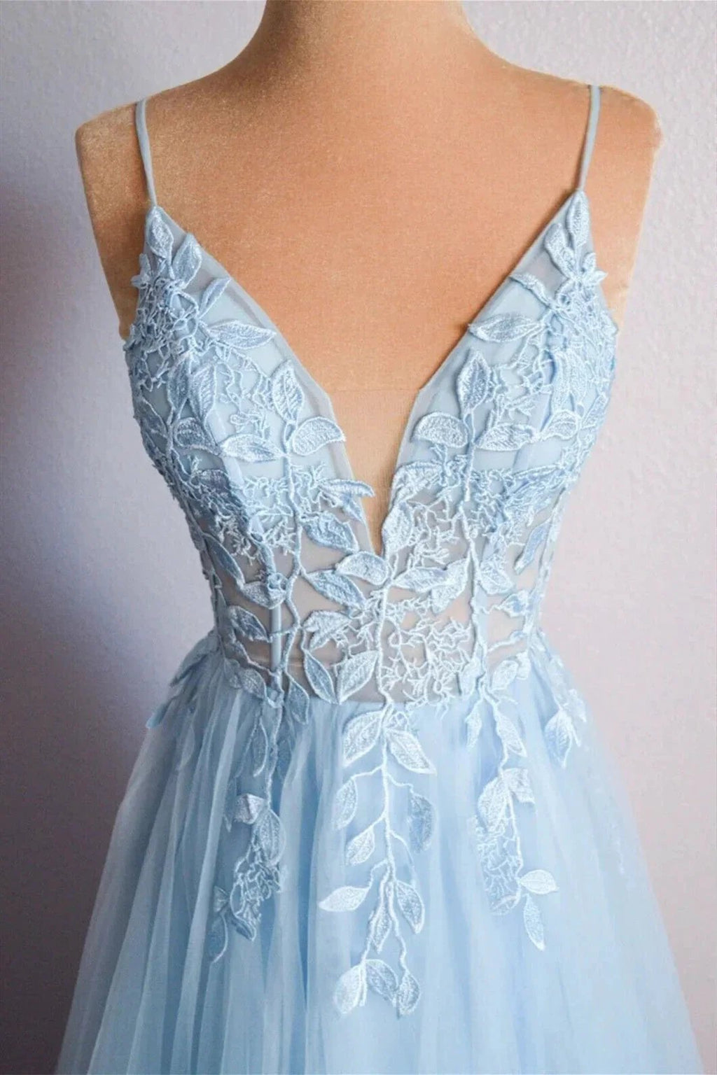 Light Blue V Neck Lace-Up Appliques Tulle Long Prom Dress Evening Dress  PSK439