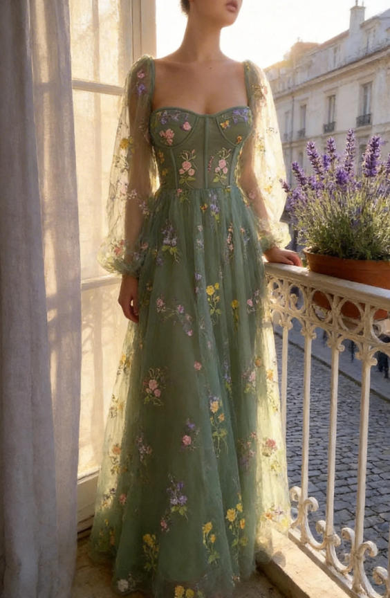 Light Green Embroidered Tulle dress Evening Dress Puffy Long Sleeve PSK304