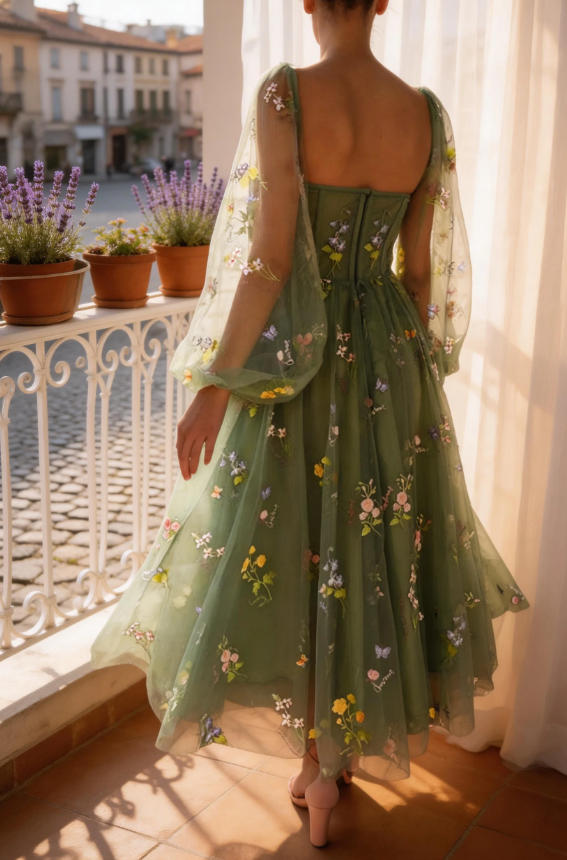 Light Green Embroidered Tulle dress Evening Dress Puffy Long Sleeve PSK304