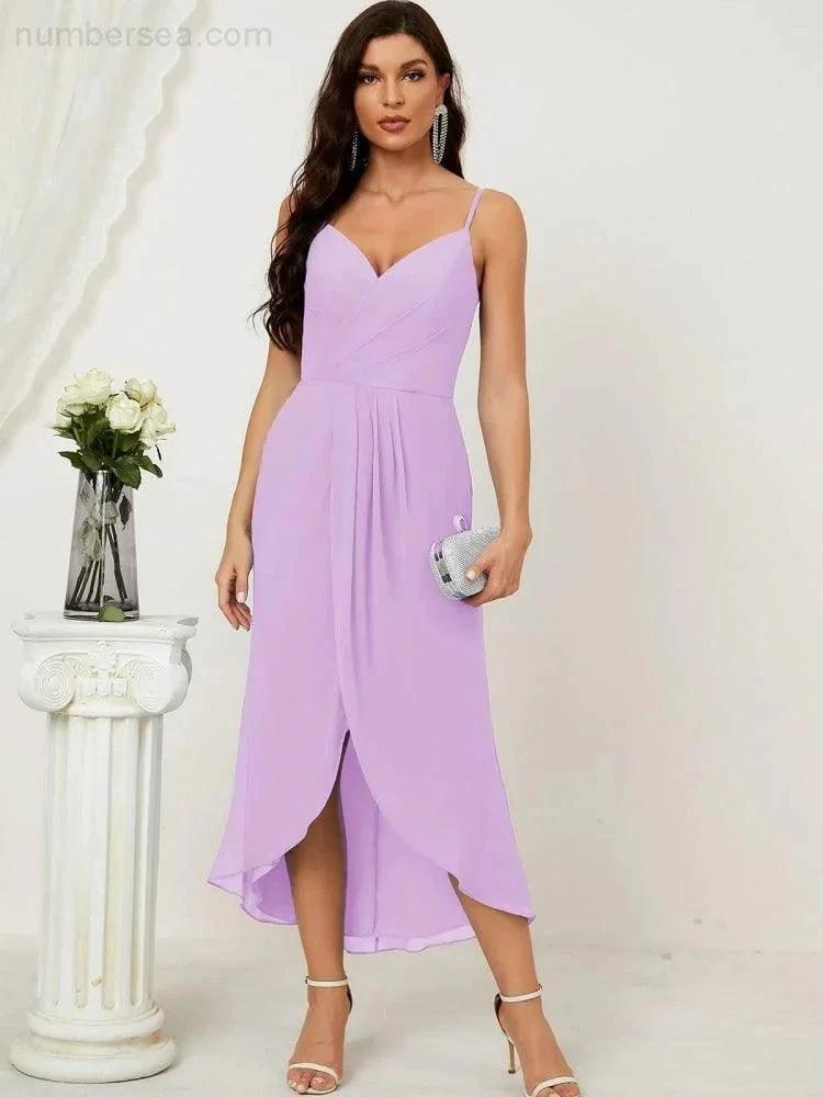 Numbersea Spaghetti Chiffon V Neck Bridesmaid Dress Mid-Length Slit Formal Prom Dress Homecoming Dress 2803