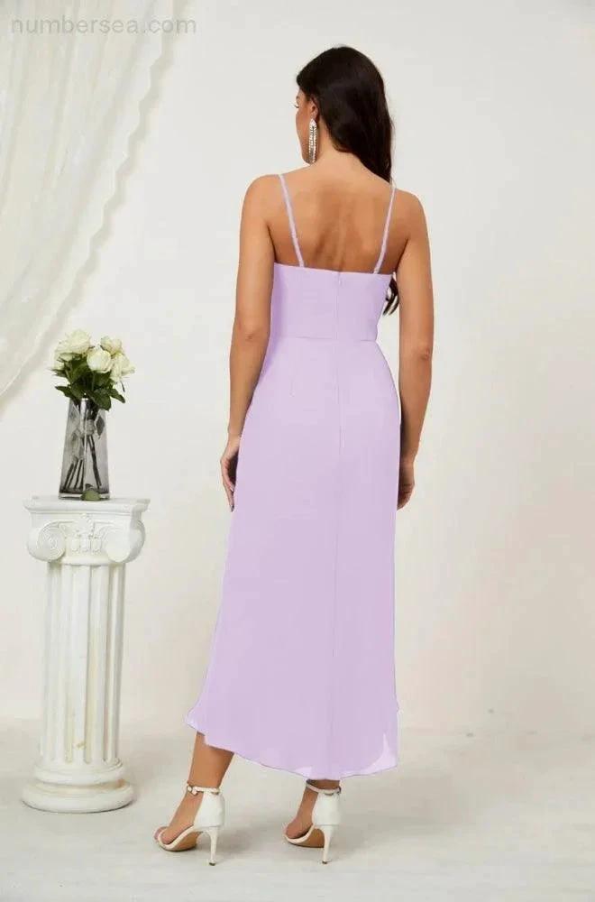 Numbersea Spaghetti Chiffon V Neck Bridesmaid Dress Mid-Length Slit Formal Prom Dress Homecoming Dress 2803