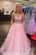 Light Pink A-Line Floor Length Strapless Sparkly Tulle Long Prom Dress  PSK411