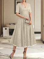A-line V-Neck Tea-Length Tulle Lace Mother of the Bride Dress With Pleated