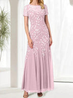 Blue Mermaid Round Neck Long Mother of the Bride Dress With Beadings