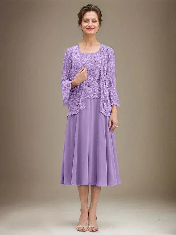 A-line Scoop Tea-Length Lace Chiffon Mother of the Bride Dress With Sequins