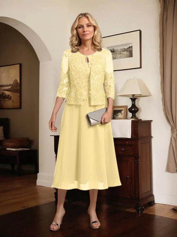A-line Scoop Tea-Length Lace Chiffon Mother of the Bride Dress With Sequins